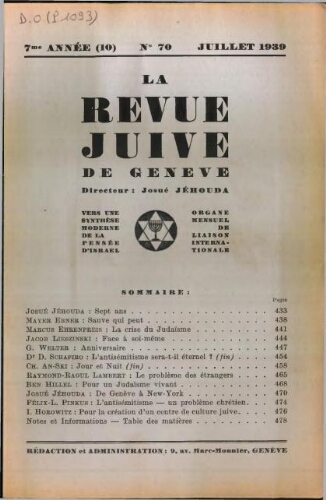 La Revue Juive de Genève. Vol. 7 n° 10 fasc. 70 (juillet 1939)